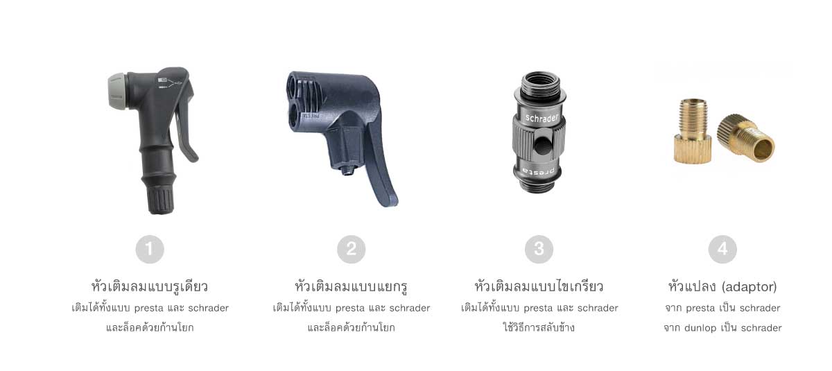 หัวที่สูบสำหรับเติมลมจักรยานแบบต่างๆ