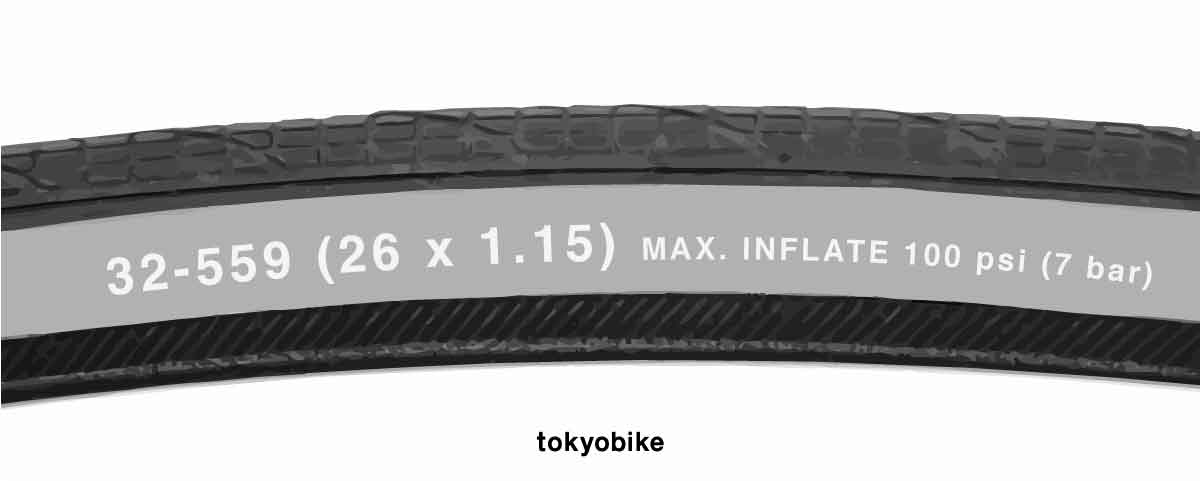 ขอบยางแสดงยางขนาด 26x1.15 ของจักรยาน tokyobike